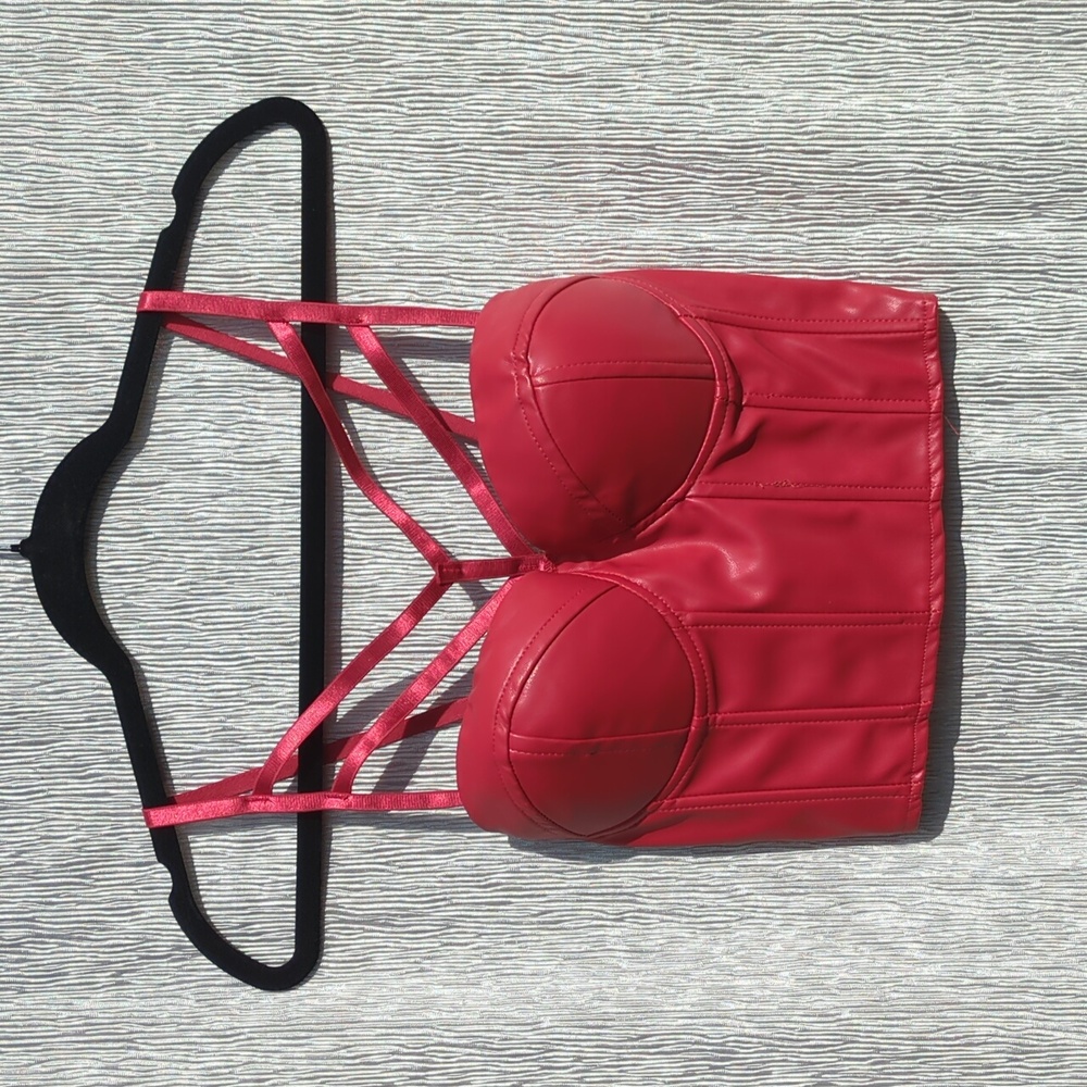 Oppa! faux leather bustier crop top in red, Multi-strap Detailing Size Medium - Picture 3 of 12